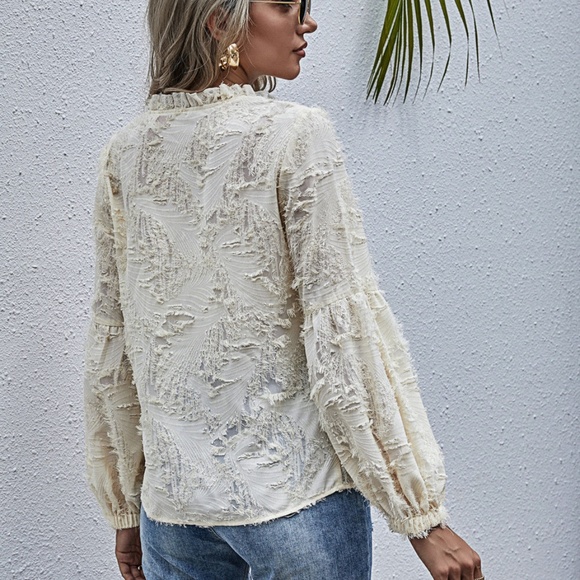 cream front tie feather neck tie long sleeve top - Picture 6 of 7